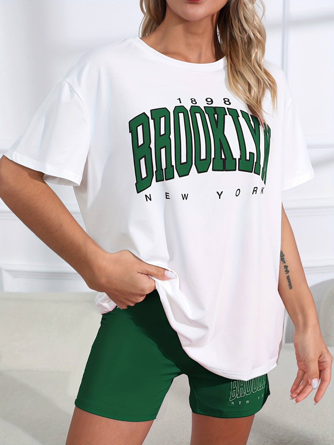 Casual Loungewear Set Women's Plus Letter & Number Print Round Neck T