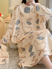 Duck Print NightDress Crew Neck Pajama Dress Women's Sleepwear