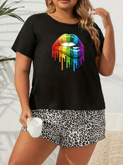 Rainbow Lip Print Short Sleeve Top & Leopard Print Shorts Pajama Set