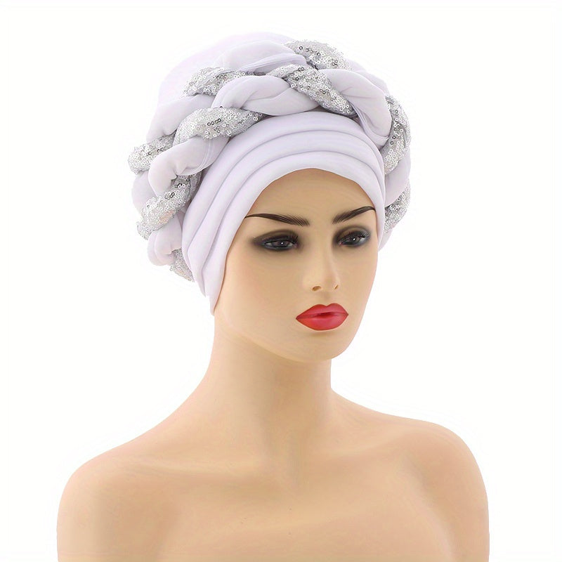 Sequin Turban Cap Double Braid Pre tied Head Wrap Elastic Bonnet