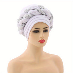 Sequin Turban Cap Double Braid Pre tied Head Wrap Elastic Bonnet