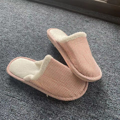 Plush Lined Striped Slippers Warm Flat Shoes Home Fuzzy Slippers