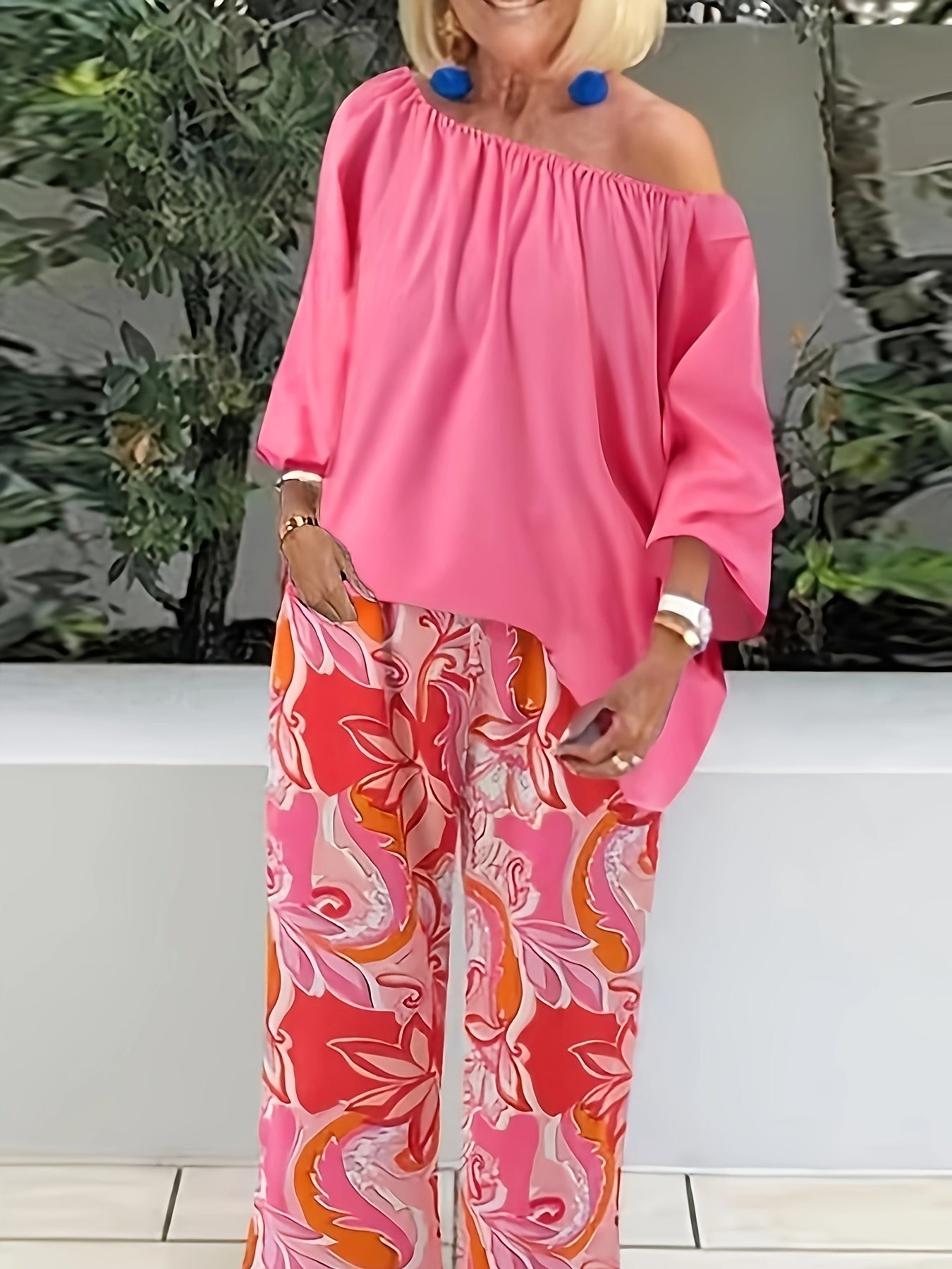 Women's 2 Piece Set Solid One Shoulder Top & Leaf Print Pants Outfits