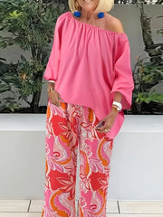 Women's 2 Piece Set Solid One Shoulder Top & Leaf Print Pants Outfits