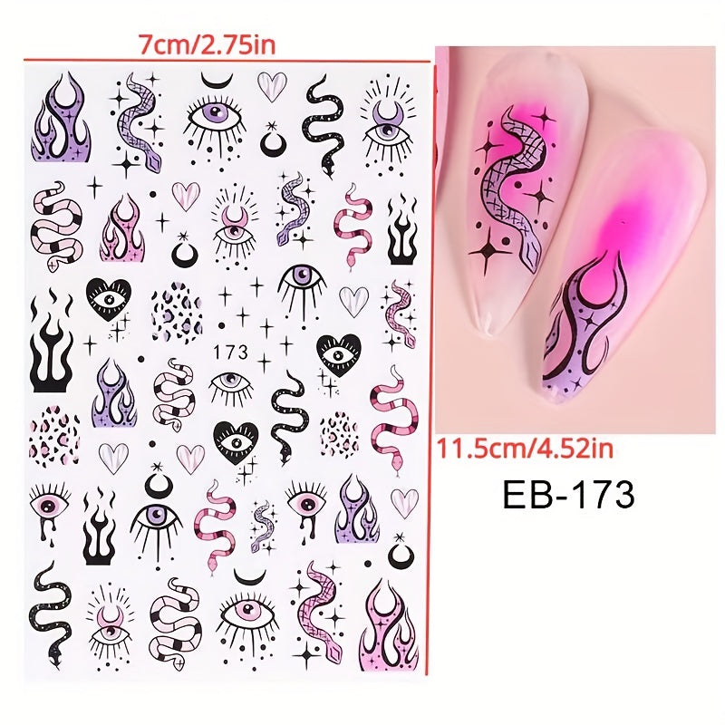 Evil Eye Snake Heart Nail Art Stickers 3D Self Adhesive Flame Animal Nail Decals