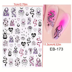Evil Eye Snake Heart Nail Art Stickers 3D Self Adhesive Flame Animal Nail Decals