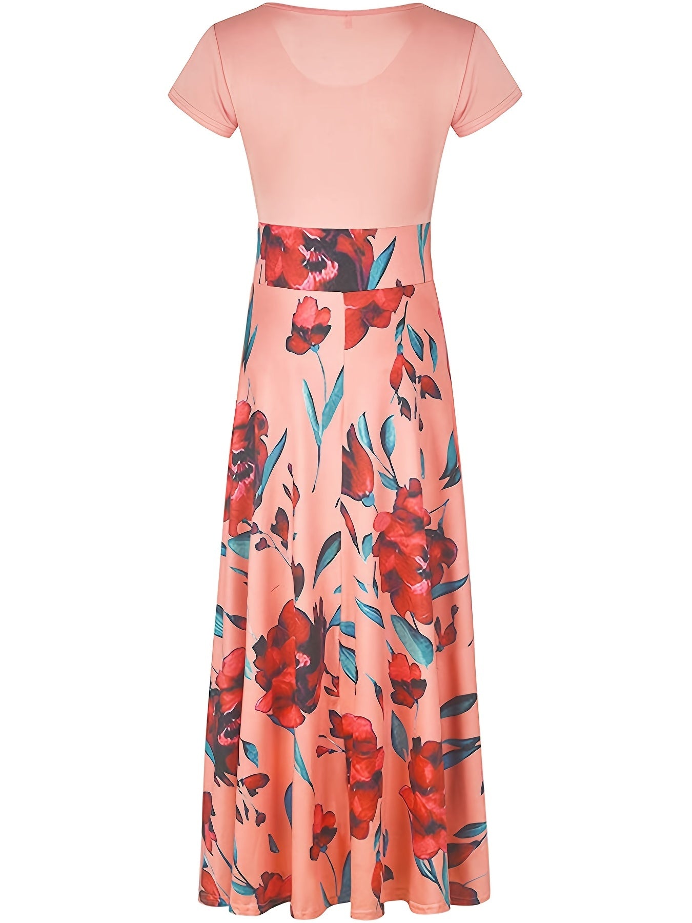 Splicing Crew Neck Dress Short Sleeve Pleated Maxi Dress Women's Clothing