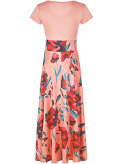 Splicing Crew Neck Dress Short Sleeve Pleated Maxi Dress Women's Clothing