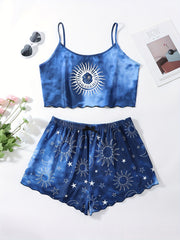 Sun & Moon Print Ruffle Trim Pajama Set
