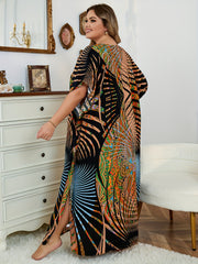 Boho Plus Size Cover Up Graphic Print V Neck Maxi Beach Dress