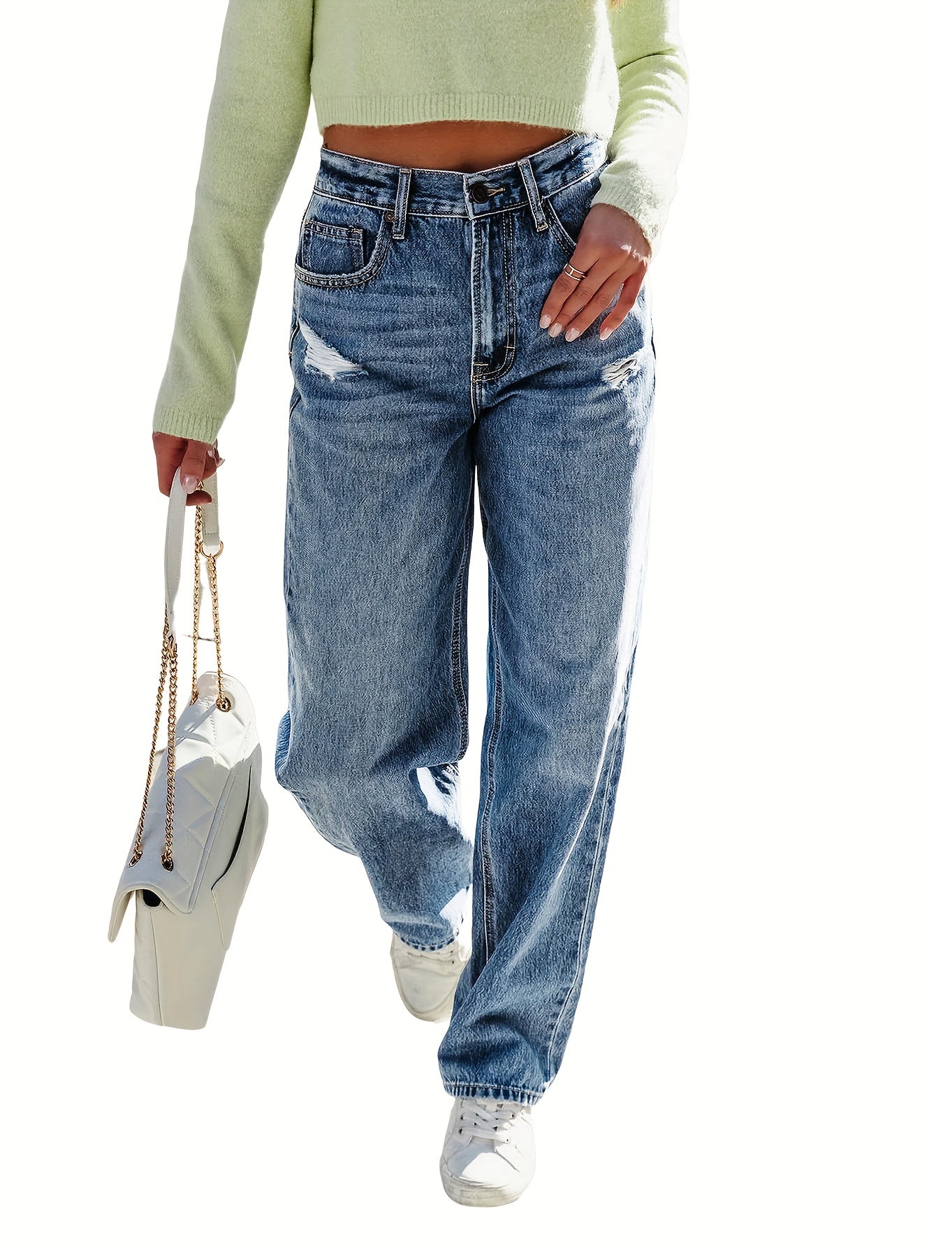Ripped High Rise Loose Fit Straight Leg Jeans