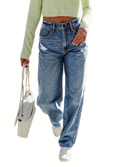 Ripped High Rise Loose Fit Straight Leg Jeans