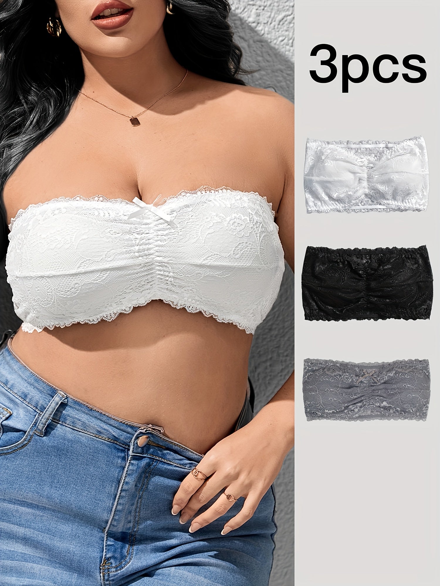 3 Pack Plus Size Bra Set Lace Wireless Tube Bralette Three Piece Set