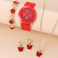 Student Silicone Quartz Watch with Red Butterfly Set and Bead Bracelet