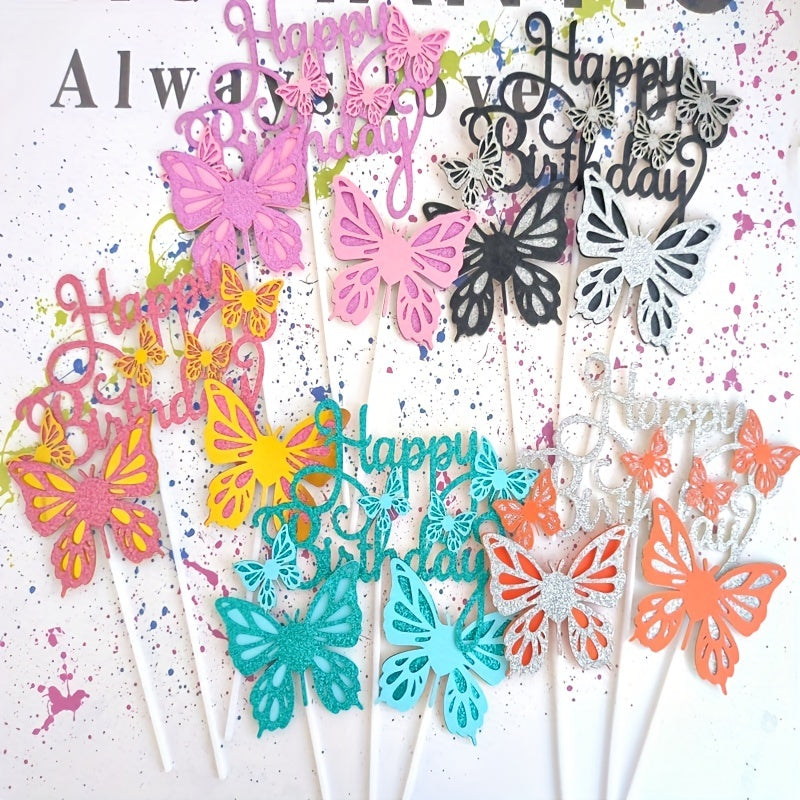 3pcs Glitter Butterfly Cake Toppers with Happy Birthday Topper