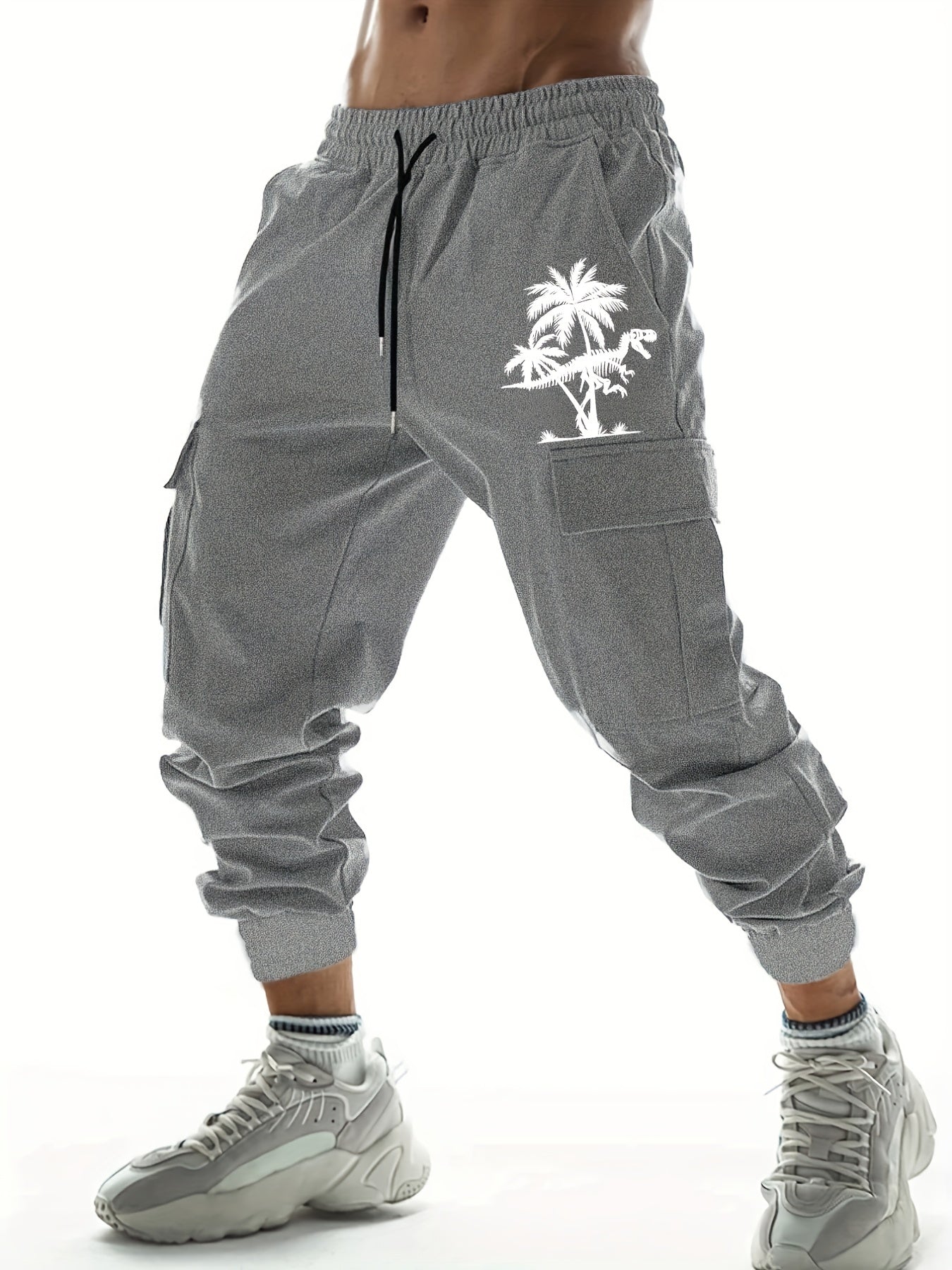 Coconut Tree Dinosaur Print Drawstring Cargo Pants Men