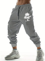 Coconut Tree Dinosaur Print Drawstring Cargo Pants Men