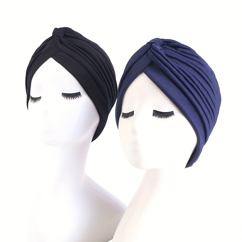 2pcs Knot Crinkle Turban Cap & Headwrap Elastic Lightweight Bonnet Chemo Cap