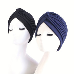 2pcs Knot Crinkle Turban Cap & Headwrap Elastic Lightweight Bonnet Chemo Cap