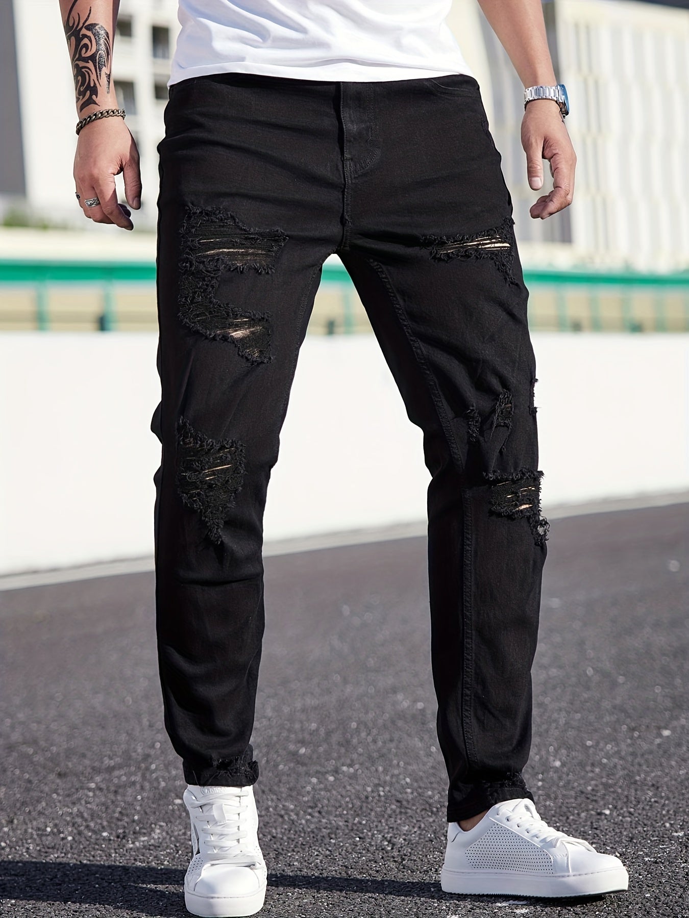 Men's Slim Fit Ripped Jeans Casual Street Style Distressed Denim Pants