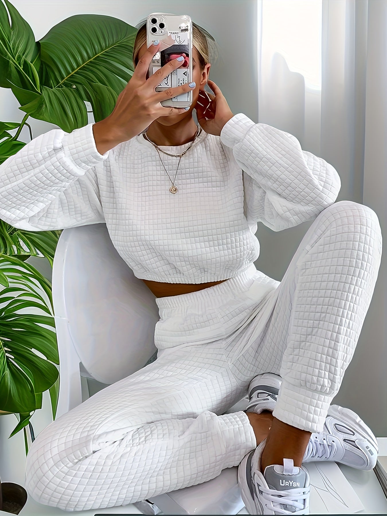 Waffle Solid Lounge Set Long Sleeve Top & Pants Women's Loungewear