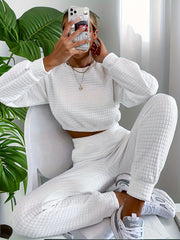 Waffle Solid Lounge Set Long Sleeve Top & Pants Women's Loungewear
