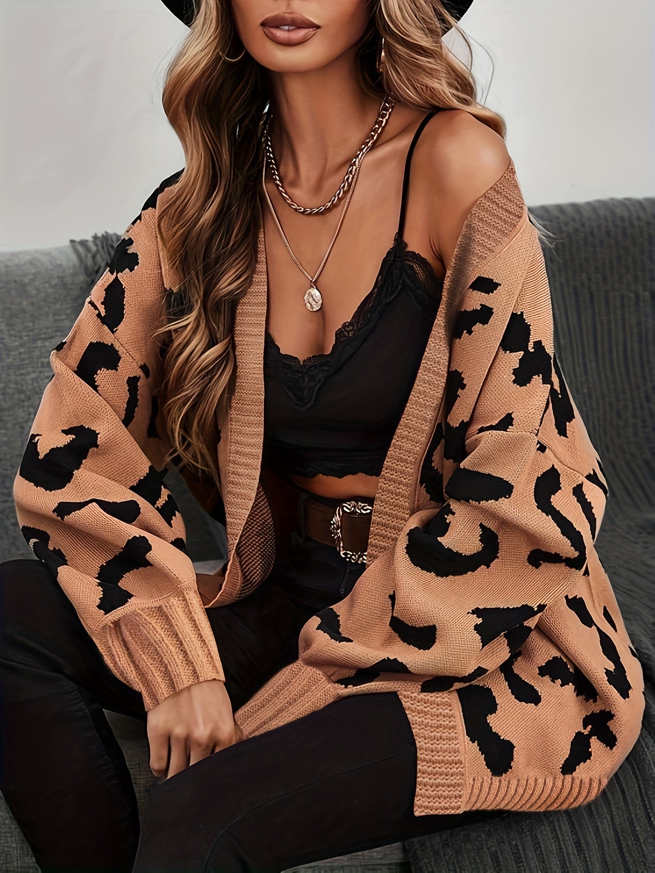 Leopard Print Knit Cardigan Open Front Sweater
