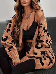 Leopard Print Knit Cardigan Open Front Sweater