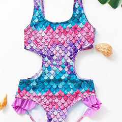 Toddler Girls Fish Scale Ruffle Trim One Piece Swimsuit