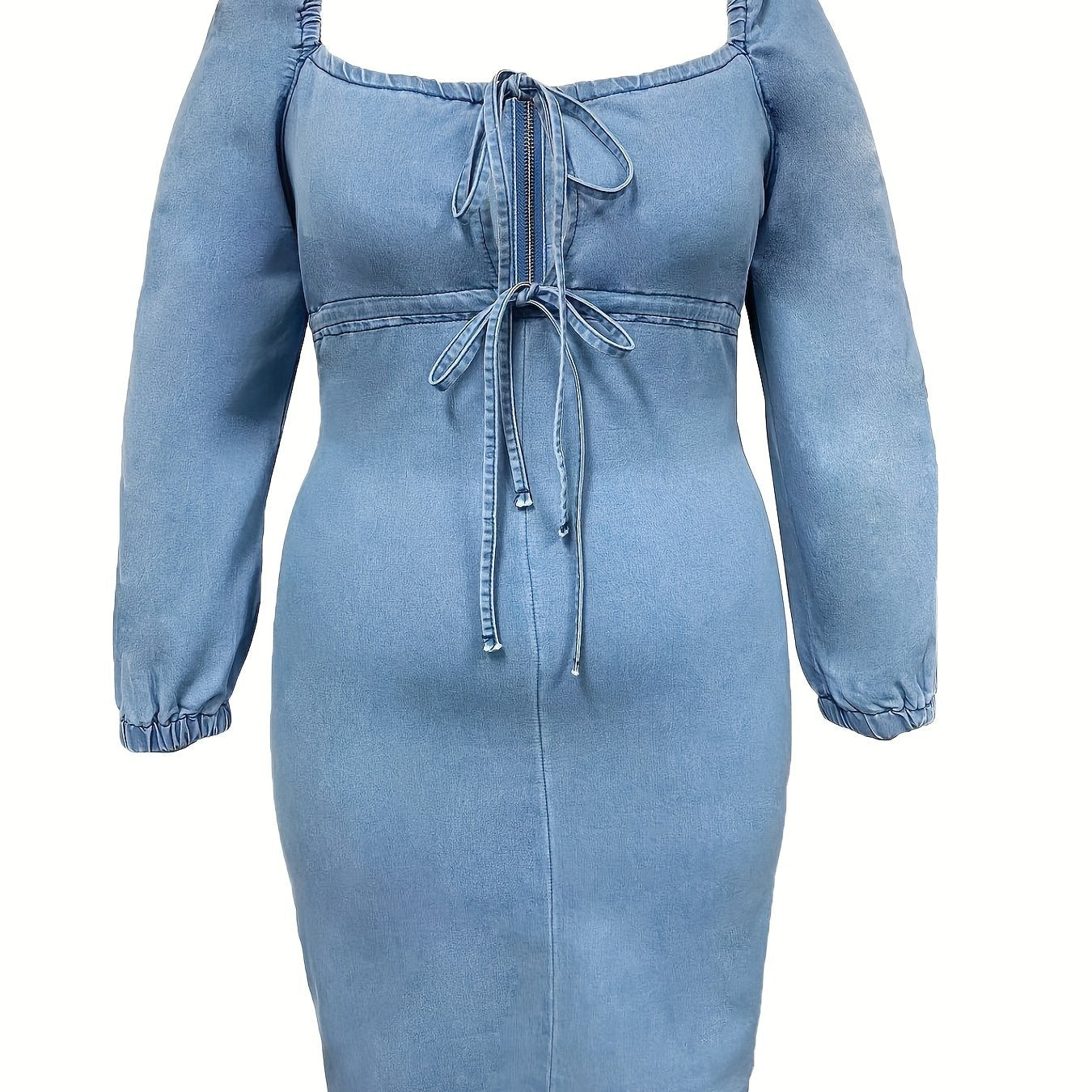 Sexy Denim Dress Women's Half Zip Lantern Sleeve Square Neck