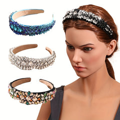 Baroque Colorful Rhinestone Headband Glitter Head Hoop Wide Headdress Hair Acces
