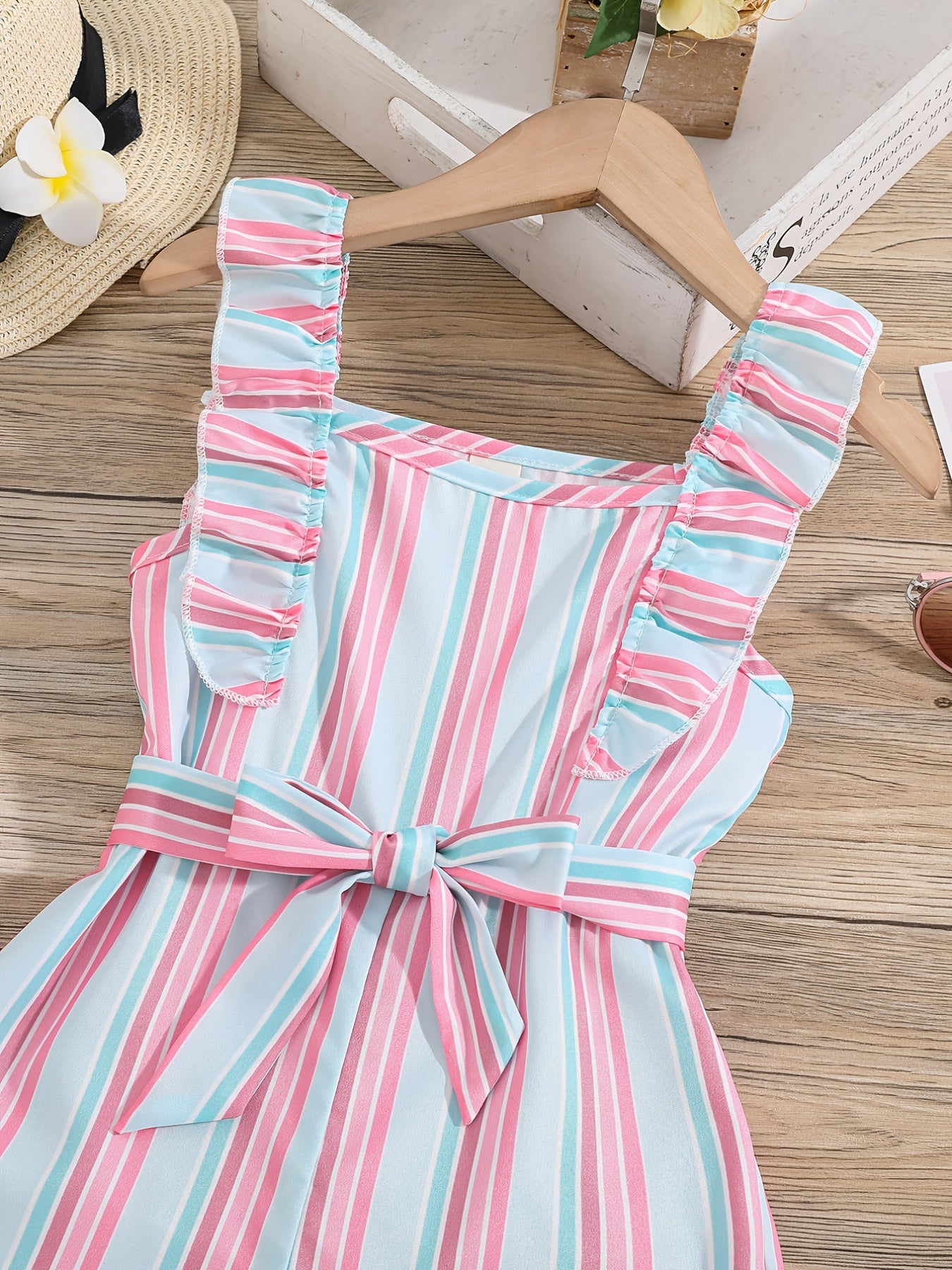 Girls Ruffle Trim Striped Romper with Belt, Summer Jumpsuit