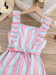 Girls Ruffle Trim Striped Romper with Belt, Summer Jumpsuit