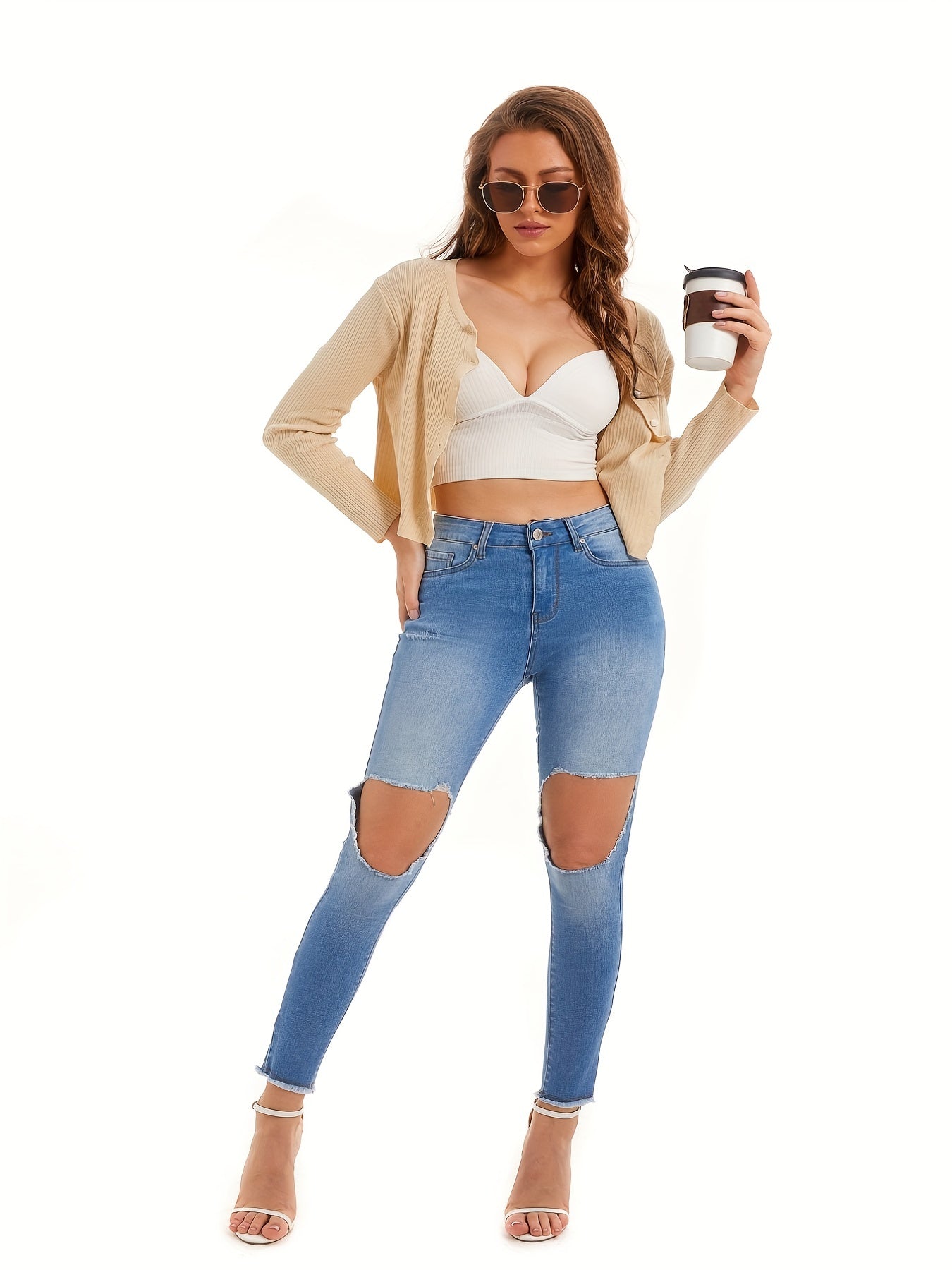 Women's Plus Washed Button Fly Cut Out High Stretch Skinny Jeans