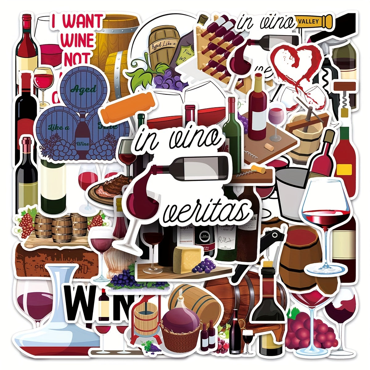 50pcs Red Wine Cartoon Stickers for DIY Journal, Luggage, Car Decor