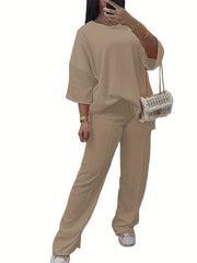 Solid Long Sleeve Top & Pants Set Plus Size Casual Outfit 2 Pcs Set