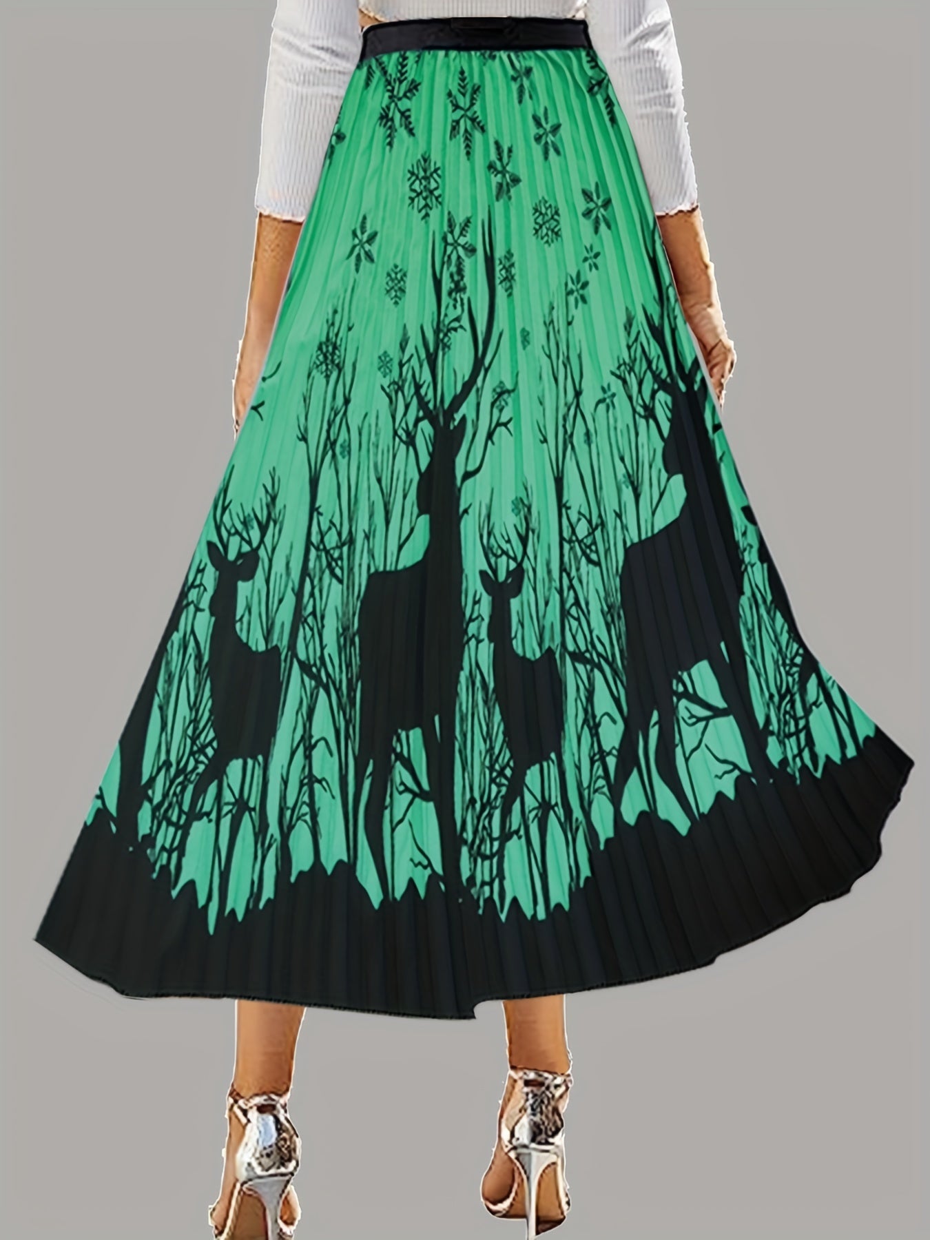 Deer Print Pleated Midi Skirt A Line Boho Style