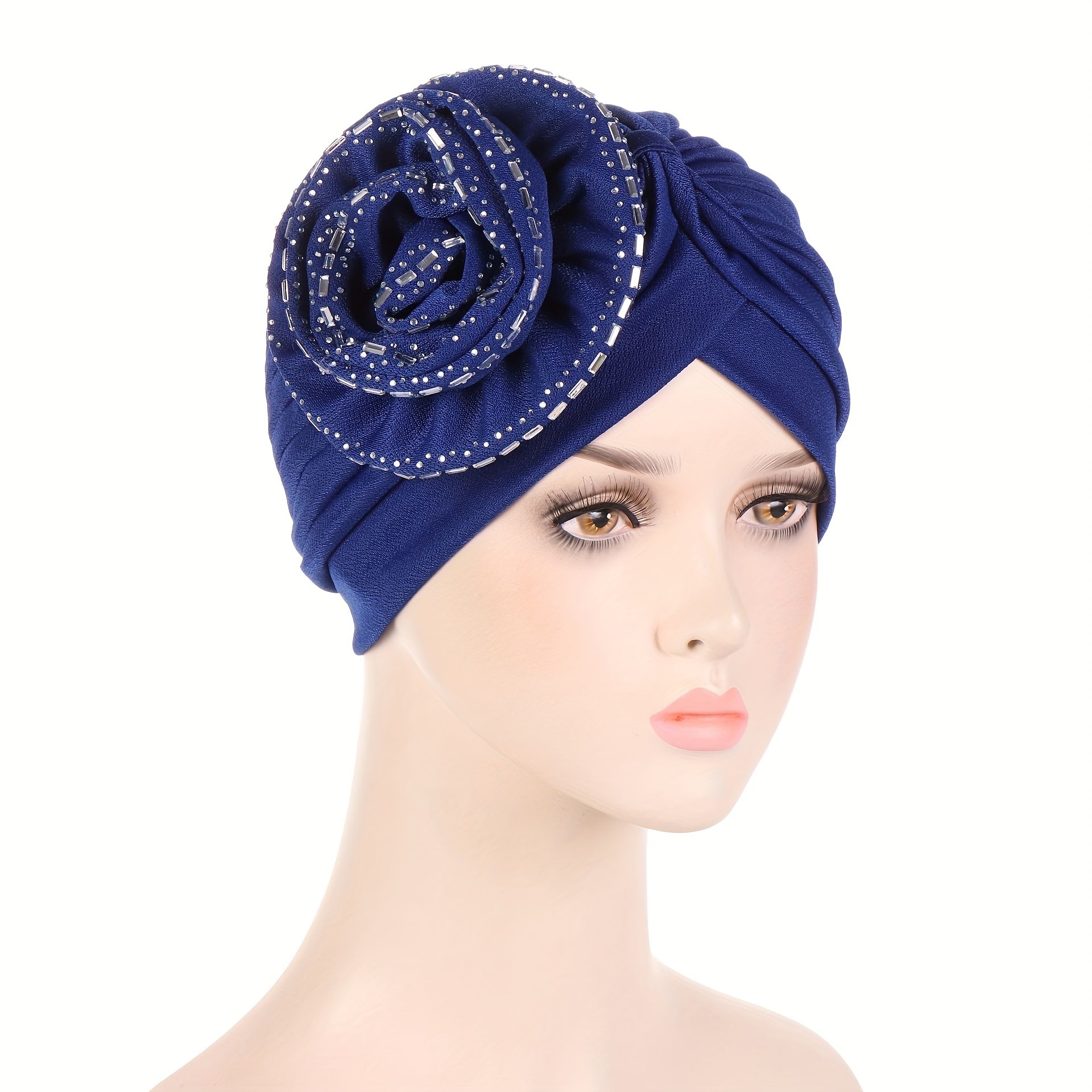 Round Rhinestone Flower Turban Beanie Head Scarf Chemo Cap