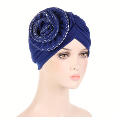 Round Rhinestone Flower Turban Beanie Head Scarf Chemo Cap