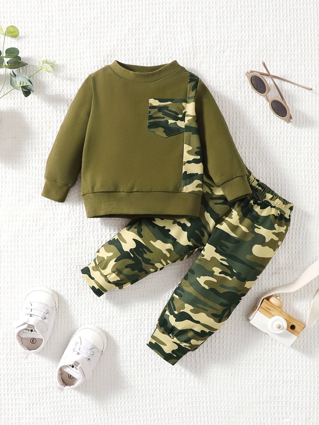 Baby Boy's Contrast Long Sleeve Top & Camo Pants Set