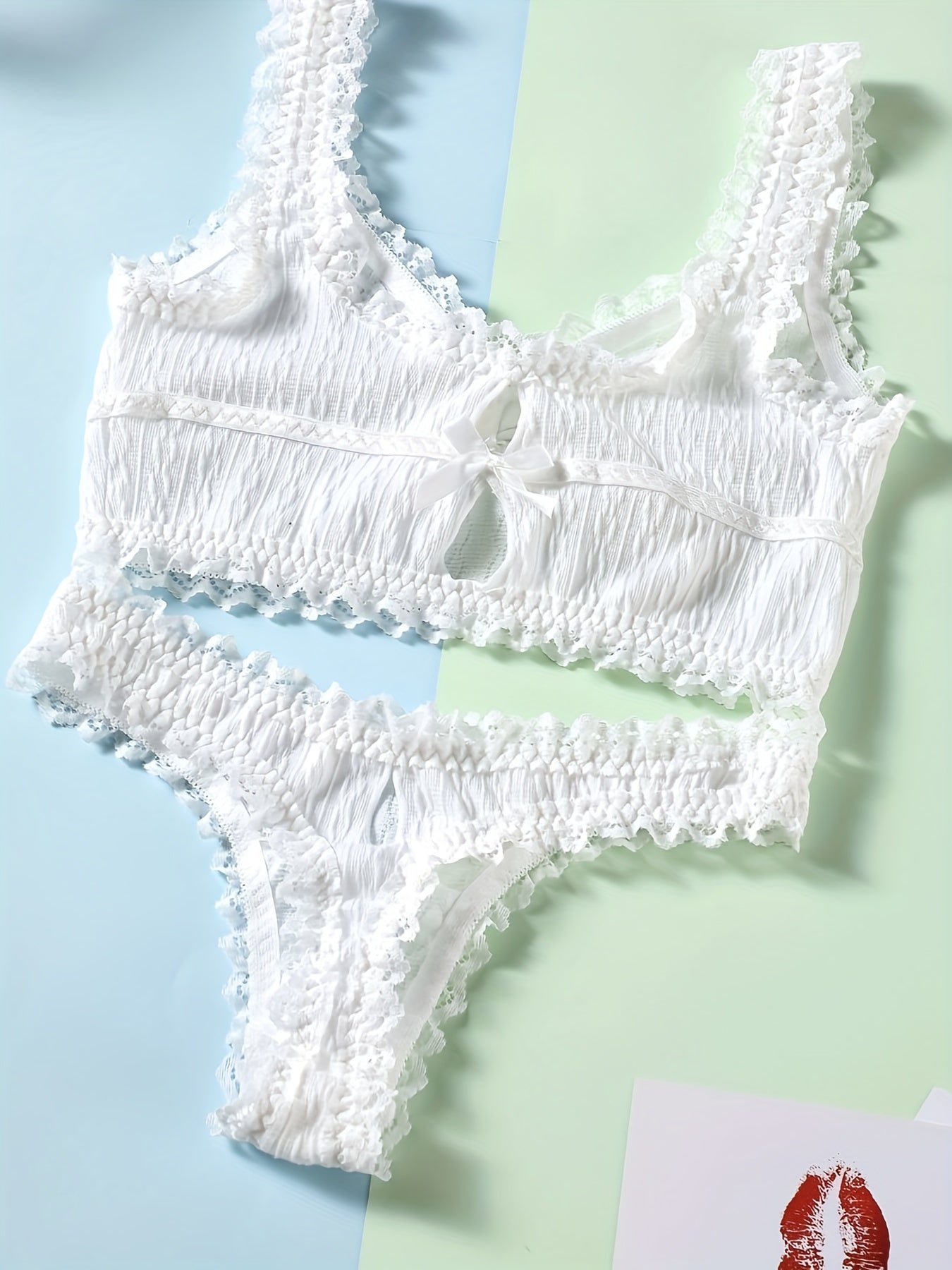 Textured Lace Trim Bra & Panties Lingerie Set