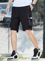 Men's Cotton Cargo Shorts Casual Solid Knee Length Elastic Waist