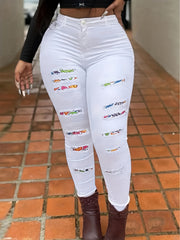 Sexy Jeans Women's Plus Graphic Patched Ripped Button Fly Skinny High