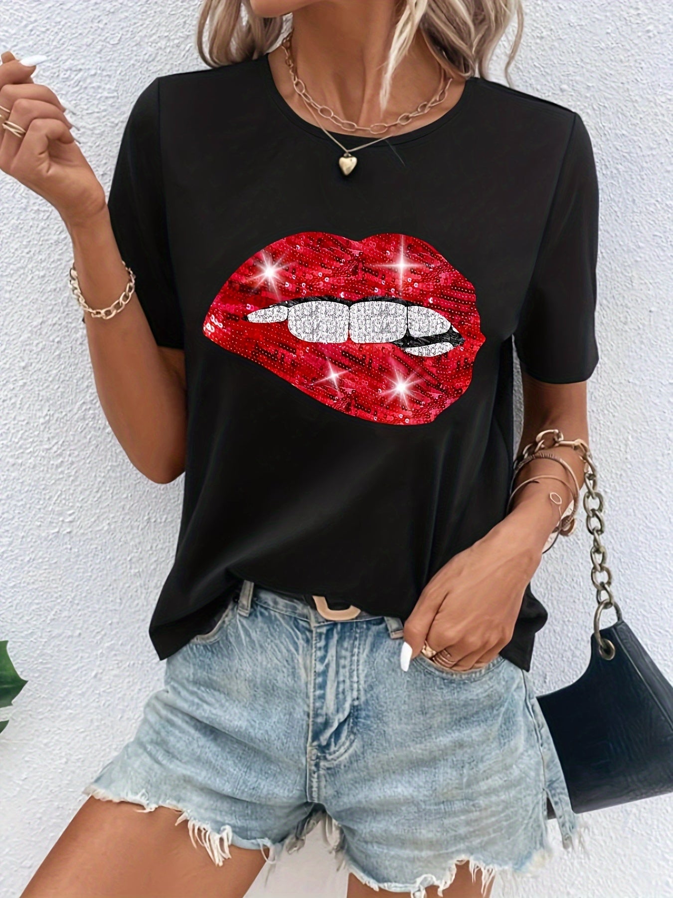 Sexy Lips Print T Shirt Crew Neck Short Sleeve Casual Sport Tops