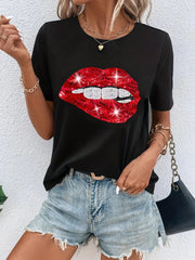 Sexy Lips Print T Shirt Crew Neck Short Sleeve Casual Sport Tops