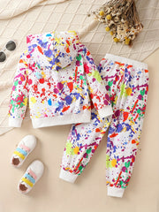 Girl's Paint Splash Pattern Cartoon Girl Hoodie & Sweatpants Set