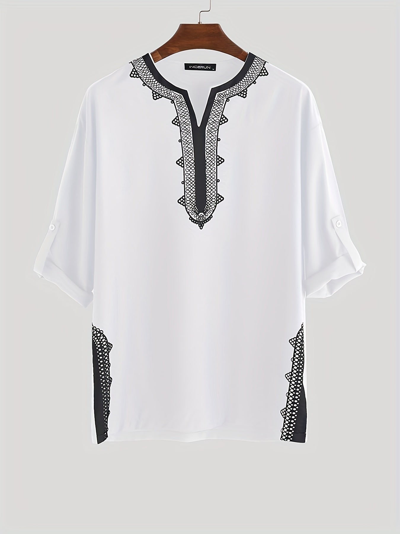 Men's Casual Ethnic 3 4 Sleeve Stand Collar Shirt Vintage Trachten Shirt