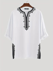 Men's Casual Ethnic 3 4 Sleeve Stand Collar Shirt Vintage Trachten Shirt