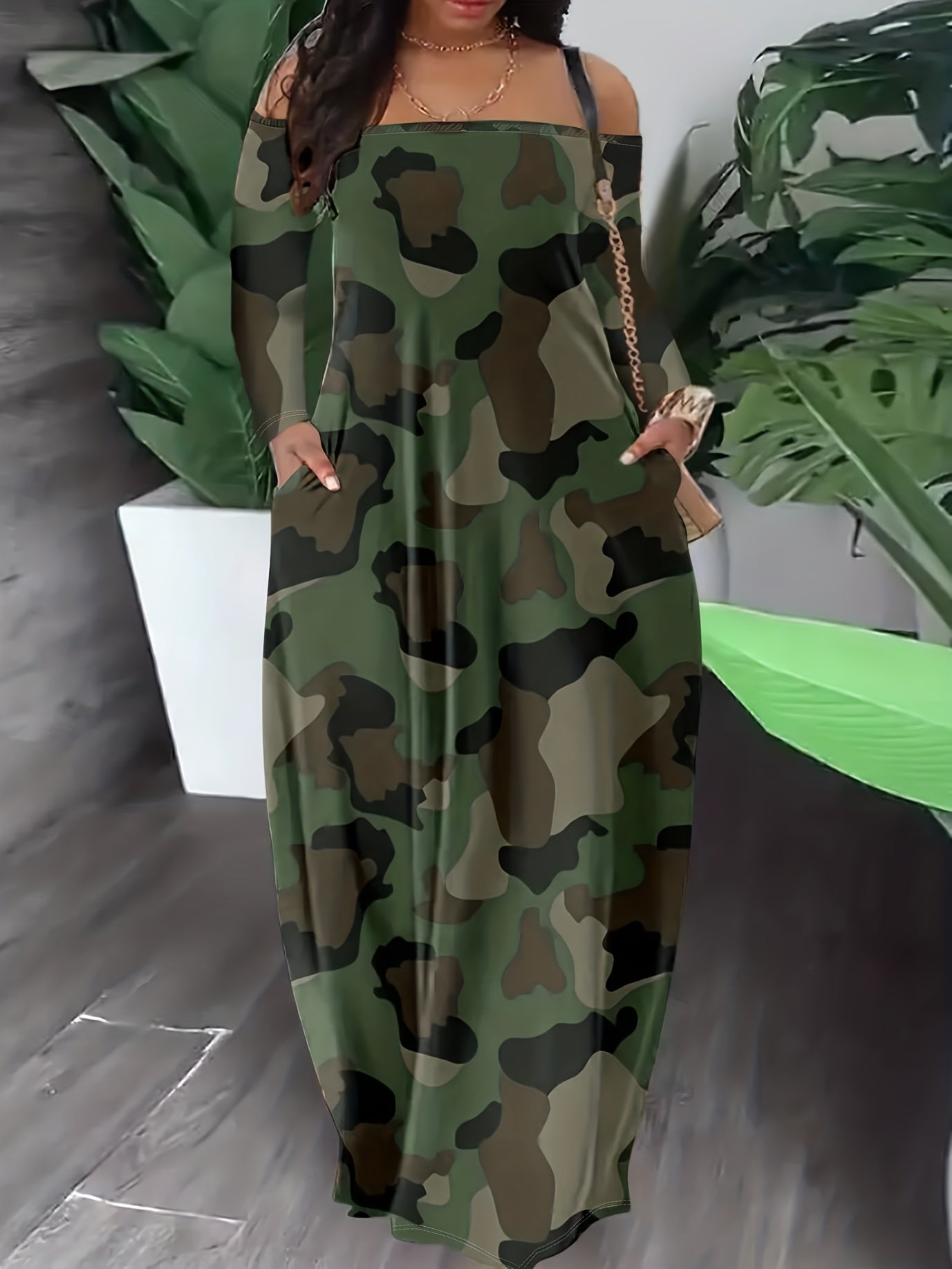 Camo Print Off Shoulder Maxi Dress With Pockets
