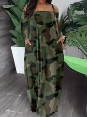 Camo Print Off Shoulder Maxi Dress With Pockets